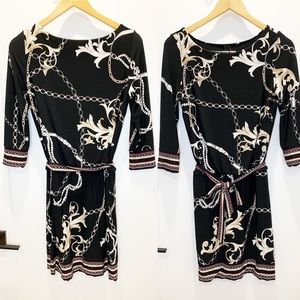 White House Black Market Cream Floral & Chain Detail Boat Neck 3/4 Sleeve Dress